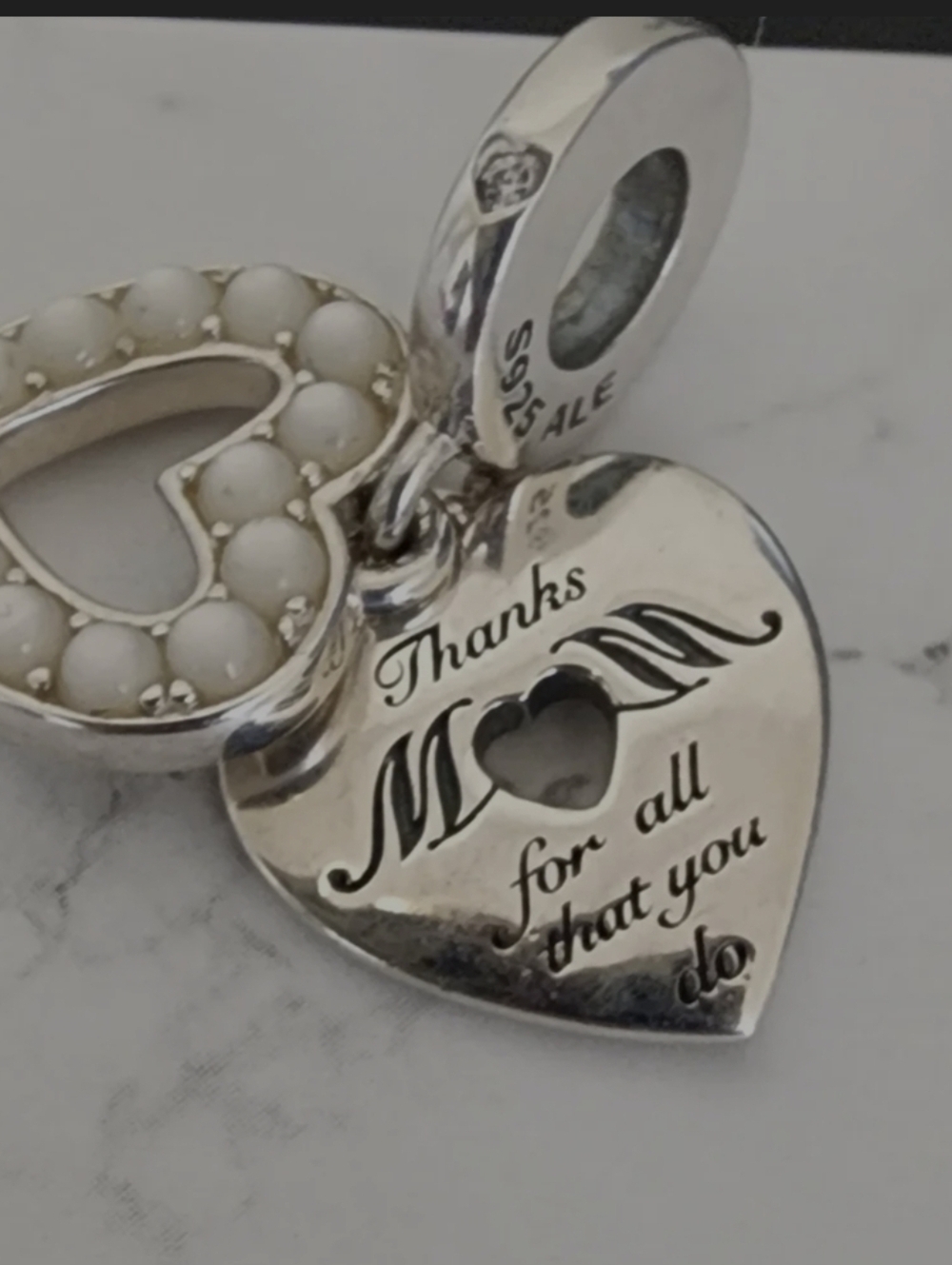 Authentic Pandora Pearlescent White Heart Double Dangle Charm - Picture 2 of 6